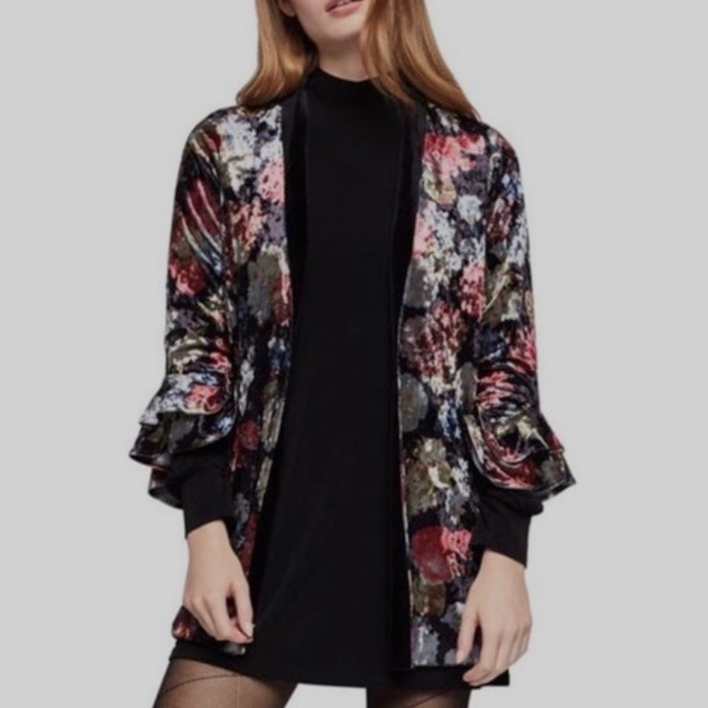 BCBG GENERATION BOHO FLORAL RUFFLE SLEEVES VELVET CARDIGAN BLAZER - Picture 2 of 16
